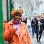 holidays, turban, orange coat, Bryant park