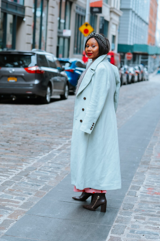 headband,mint coat, blaire eadie, nine wint boots, lela headband, mint green coat, statement coat, black blogger, dumbo