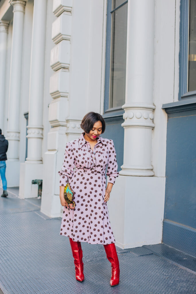 polka dot dress, midi dress, petite blogger, over 40 blogger, black female, nyc, short bob hair, red boots, sam edelman, freya, knee high boots, color shoes