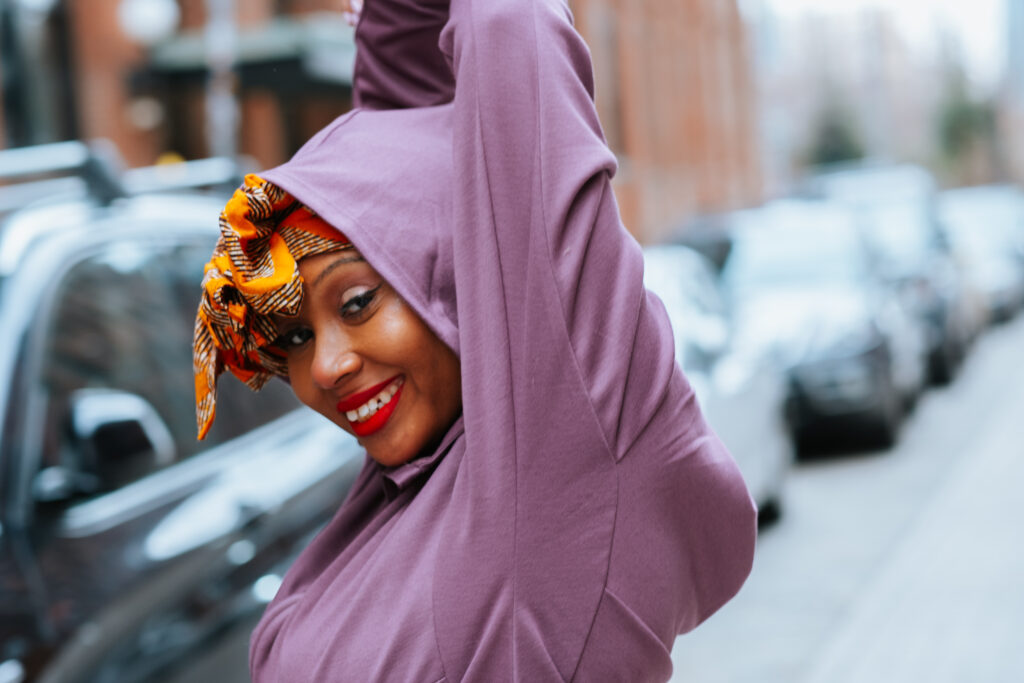 purple hoodie, tuban, african print, red lipstick, american doll lipstick