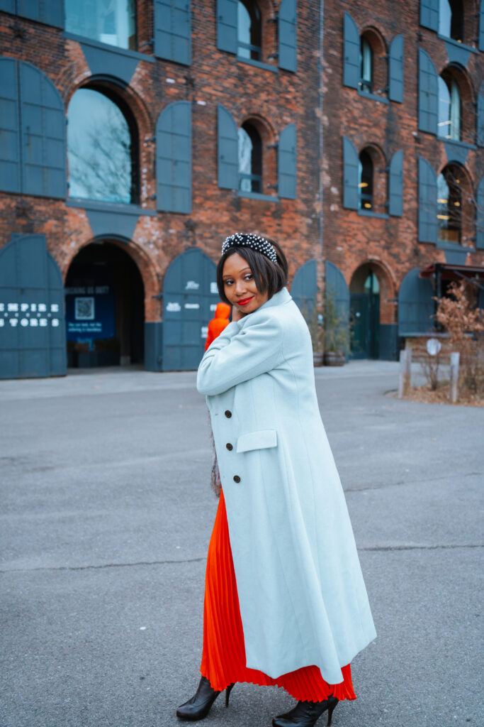 mint green coat, petite clothes, red dress, head band, expensive taste, blaire eadie coat, nordstrom, banana republic